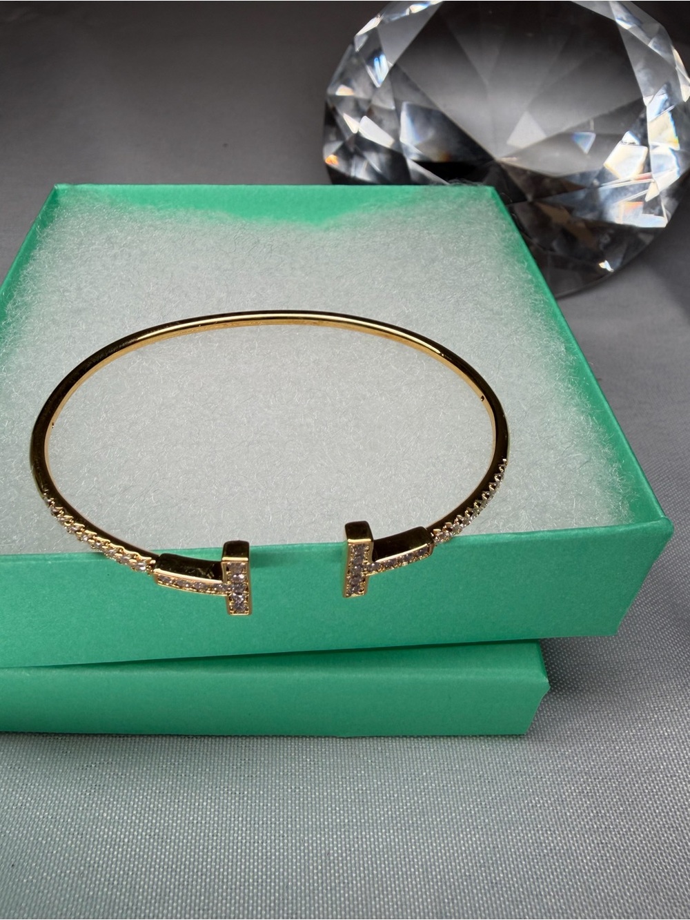 Gold Pavé T-Bar Open Cuff Bracelet with Clear Crystals - Picture 3 of 5